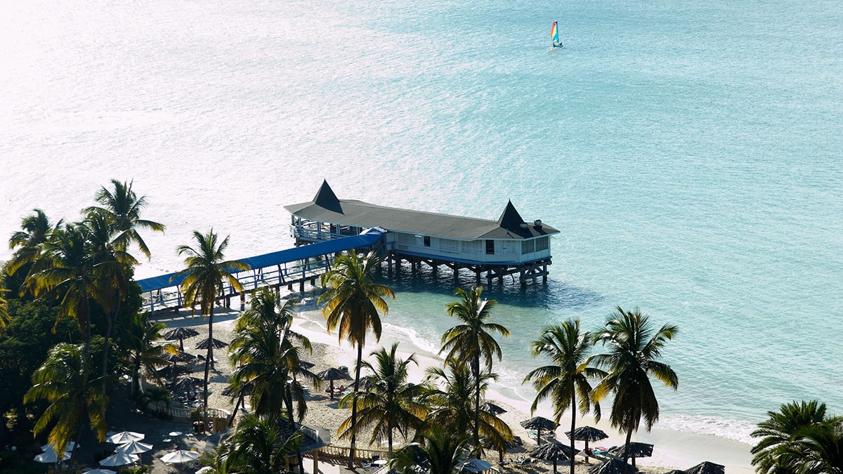 overwater restaurant and palm trees