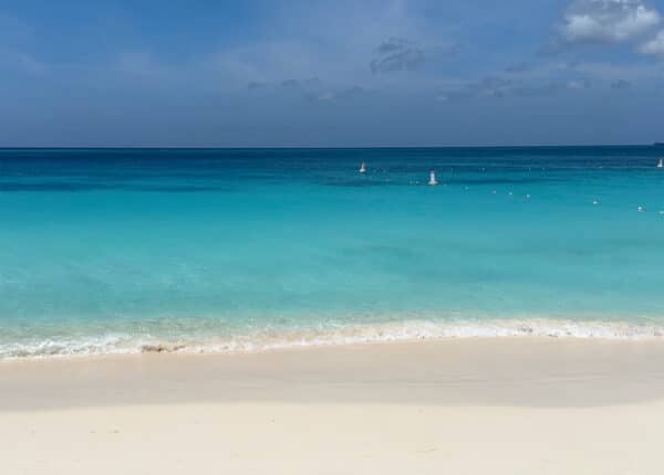 eagle beach in aruba with the waves and blue water