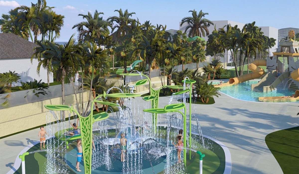 waterpark rendering with palm trees and slides