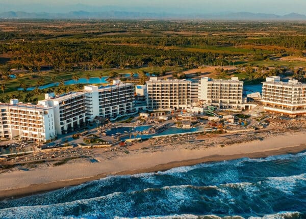 large resort on golden sand beach in mazatlan