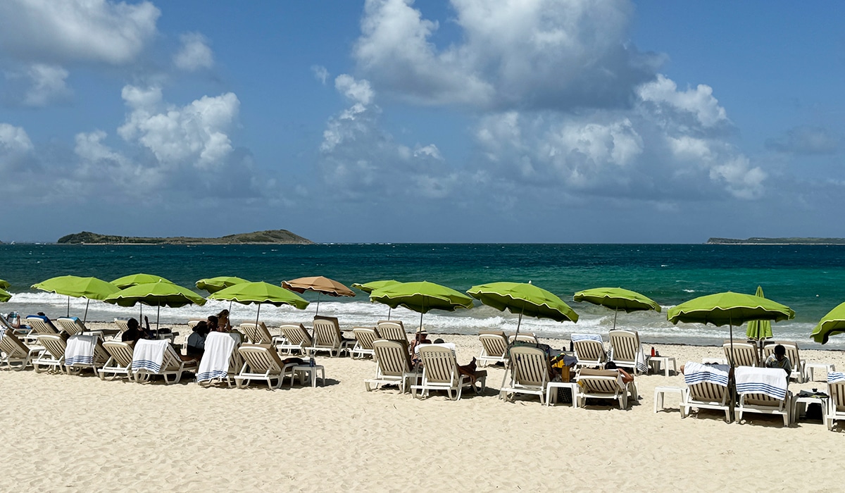 beach chairs and umbrellas