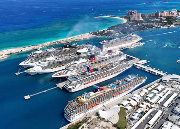 royal caribbean and msc ships in the harbor